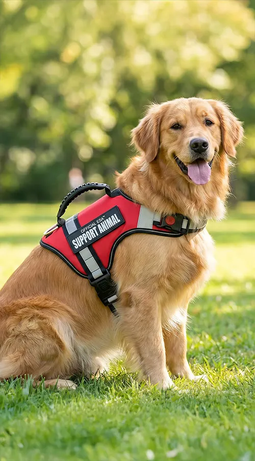 Golden retriever wearing support animal vest outdoors