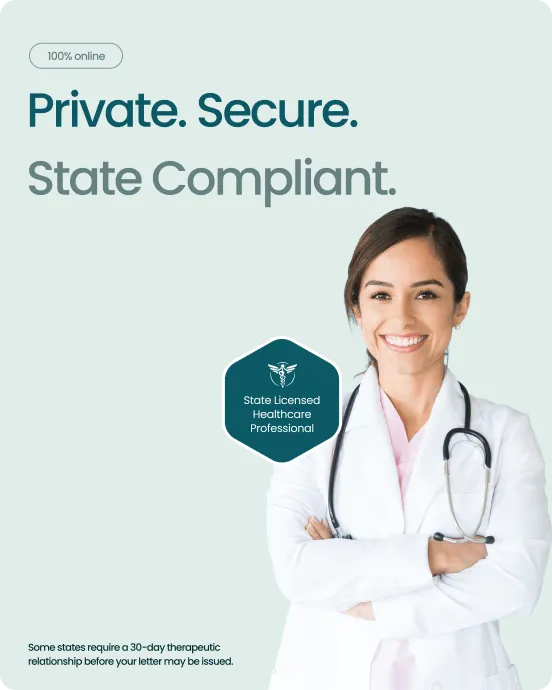Private. Secure. State Compliant. &mdash; A smiling state-licensed health professional in a white coat with stethoscope, with a hexagonal seal