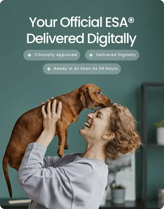 Your Official ESA Delivered Digitally &mdash; A smiling woman lifting a dachshund, with chips reading Clinically Approved, Delivered Digitally, and Ready In As Soon As 24 Hours